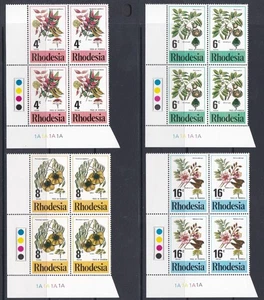 Rhodesia: 1976, Trees of Rhodesia - corner blocks of 4, Cyl 1B, MNH - Picture 1 of 1