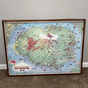 Vintage 1980er Olson Bildkarte von Kauai Hawaii Tiki gerahmter Karton 34x25 Zoll - Bild 1 von 10