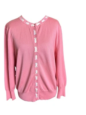 VTG Y2K Silk Blend Cardigan Sweater Salmon Pink Sz L Snap Front Ribbon Trim - Image 1 of 4