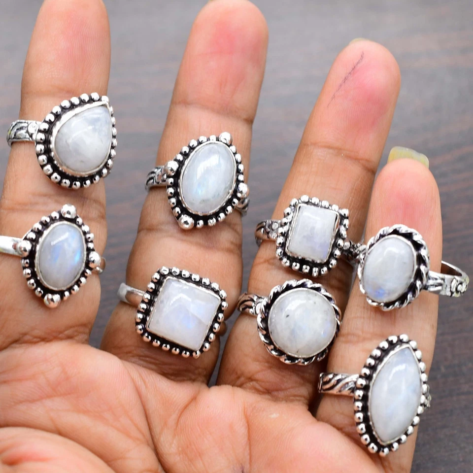 Natürlich Mondstein Ring, 925 Sterling Versilbert Ringe, Mix Form & Mix Größe - Bild 1 von 1