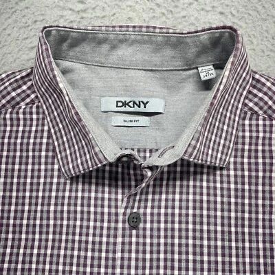 Camisa de Vestir DKNY Calce Ajustado Hombres 16 34/35 Algodón a Cuadros Tejido Manga Larga Usada en Excelente Condición Foto 1 de 4