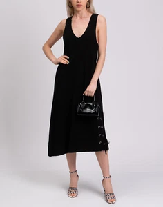 UVP 880€ NEIL BARRETT Woll Strick Midi Kleid Gr. S schwarz Schnürbesatz V-Ausschnitt - Bild 1 von 9