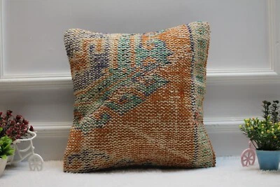 Orange and Blue Colors Vintage Turkish Rug Pillow, 16x16 inc Home Design Pillow - Image 1 of 4