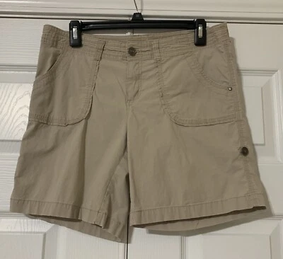 Per Se Women Juniors Beige Khaki Shorts 8 with adjustable hem tabs on side - Image 1 of 4