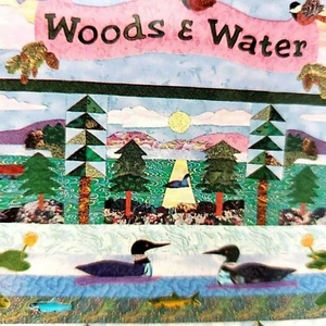 Patrón de edredón "Maderas y agua" 1994 Cindy Taylor Clark Lake Loons Trees 76" x 82" - Imagen 1 de 8