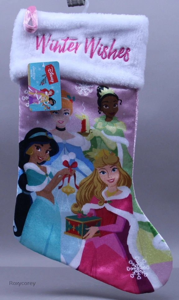 Disney Princess Christmas Stocking Cinderella Tiana Jasmine Aurora Pink Velour