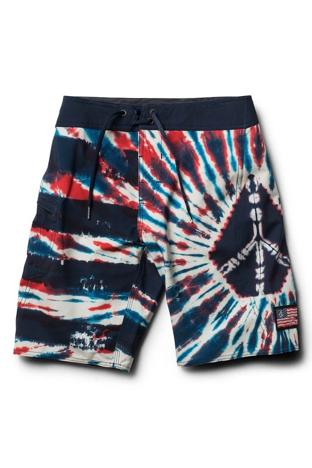 Volcom Boy's 26/12 Peace Sign Stone Mod Tech Board Shorts Red Blue White Tie Dye - Image 1 of 2