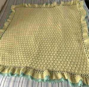 Handmade Baby Afghan Blanket Throw Yellow Green Ruffle 58” x 48” - Picture 1 of 5