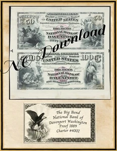 COPY 1889 Proof $50-$100 The Big Bend National Bank Davenport Washington #4002 - Picture 1 of 1