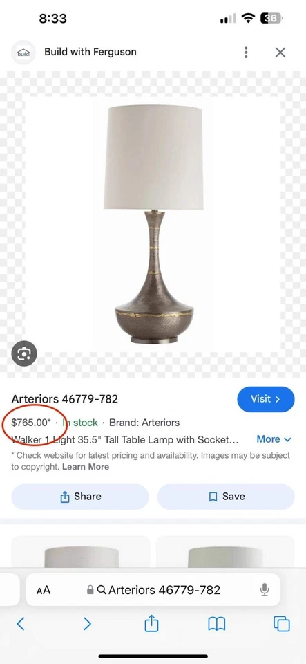 Arteriors lamp 46779-782; silver with gold embellishment - Image 1 of 2