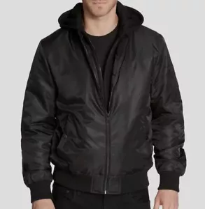 $225 Guess Men's Black Removable Hooded Bomber Jacket Coat Size Large - Picture 1 of 4
