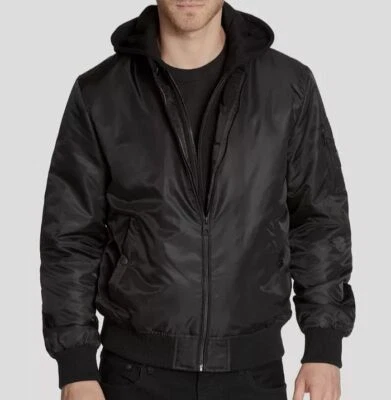 $225 Guess Hombre Negro Extraíble Capucha Chaqueta Bomber Abrigo Talla Grande Foto 1 de 4