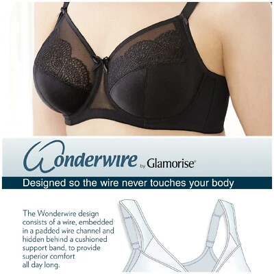 Glamorise WONDERWIRE $60 Bra Satin & Lace UNDERWIRE (FLEXI SIDE BONES) Black NEW - Image 1 of 4