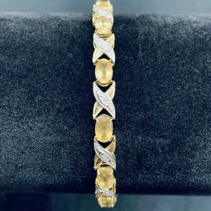 14k Yellow Gold Oval Citrine & Diamond Link 2 Tone Tennis Bracelet 7” 5mm 8.2g - Picture 1 of 7