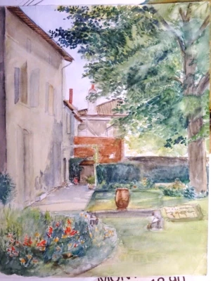 Ecole FRANCAISE XX DESSIN AQUARELLE PAYSAGE JARDIN MAISON BOURGEOISE 1900-20 - Photo 1/4