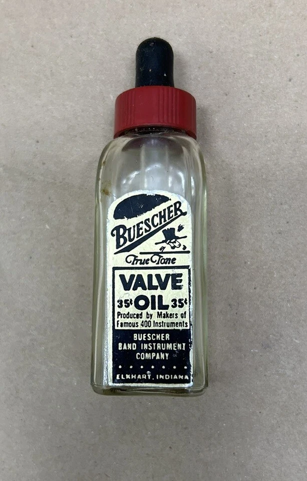 Botella de vidrio con cuentagotas de aceite vintage Buescher Valve Foto 1 de 4