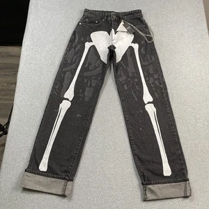 NEW Boohoo Man Jeans Mens 28x32 Relaxed Skeleton Print w/ Chain Cuffed Black NWT - Picture 1 of 18