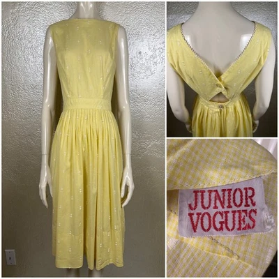 Vintage 1950s Ladies JUNIOR VOGUES Yellow Gingham Cotton Dress Cut Out Back SM - Image 1 of 4