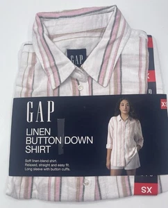 GAP Shirt Blouse Womens Size XS Linen Striped Button Down Striped White Pink - Picture 1 of 4