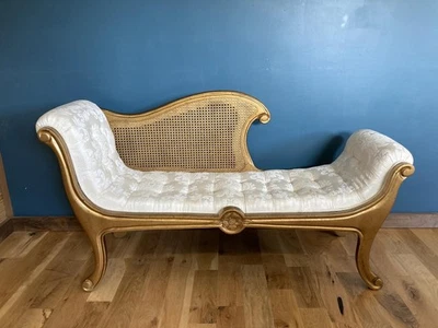 Vintage Gold Cane Chaise Lounge with Cream Colored Upholstered Seat - Image 1 of 4