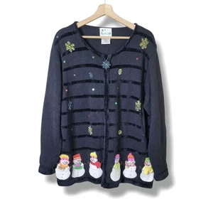 Quacker Factory Winter Holiday Cardigan Sweater 1X Zip Front Embroidered Snowmen - Picture 1 of 11