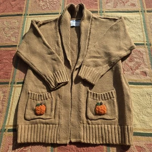 Old Navy Tan Long Sleeve Sweater Cardigan Upcycled  Hand Embroidered Pumpkins 3T - Picture 1 of 10