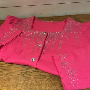 Quacker Factory Sweater 1X Hot Pink “Diamond” Buttons Sparkle Cuff Bling - Picture 1 of 7