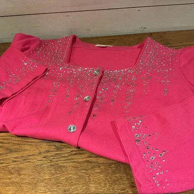 Quacker Factory Sweater 1X Hot Pink “Diamond” Buttons Sparkle Cuff Bling - Image 1 of 4