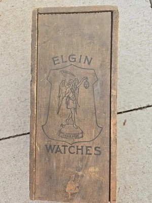Antigua caja de cola de milano recta de madera vintage para relojes Elgin, FANTÁSTICA... Foto 1 de 4