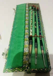 Vintage Chinese Wooden Calligraphy Brush Set of 3 w/ Decorative Case - Picture 1 of 4