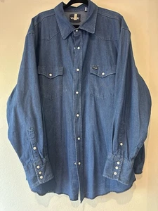 Camicia Vintage Wrangler Denim Perla Snap Uomo 4X Blu Jean Cowboy Ranch - Foto 1 di 8