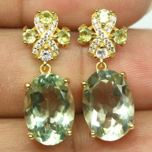 Unheated Green Amethyst, Peridot & Cubic Zirconia Earrings 925 Sterling Silver - Picture 1 of 4