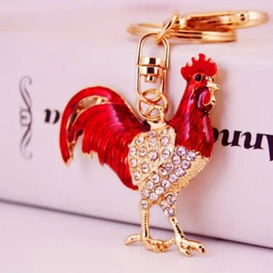 Vibrant Enamel Red Color Metal Sparkling Rhinestone Rooster Keychain - Perfect - Picture 1 of 2