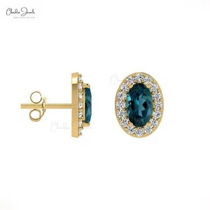 5x3mm Oval London Blue Topaz Earrings in 14k Gold Diamond Halo Stud Wedding Gift - Picture 1 of 22