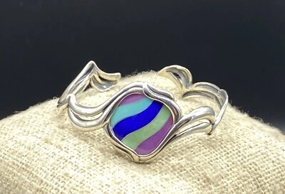 CAROLYN POLLACK-Sterling SW Azul Verde Púrpura Incrustación Mosaico Ondulado Brazalete Brazalete Foto 1 de 4