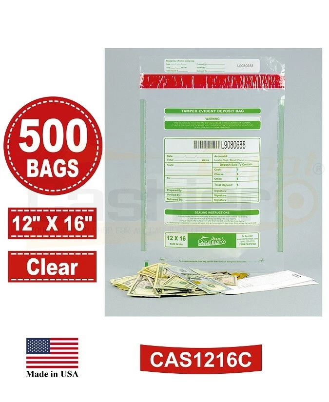 CASHIER DEPOT Tamper Evident Bank Deposit Bags, 12 x 16 Clear, Serialized, Barcode, 500 Bags