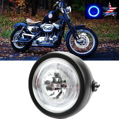 Motorcycle LED 6.5Inch DRL Headlight Blue HALO Ring For Harley Bobber Angel Eyes - Image 1 of 4