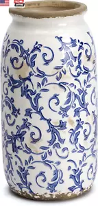 Rustic Large Blue and White Vase for Home Decor, 10'' Tall Ceramic Vases for Flo - Picture 1 of 6