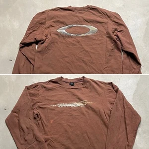 Vintage Oakley Software T Shirt S 90s Y2K Long Sleeved Faded Brown Center Logo - Picture 1 of 12