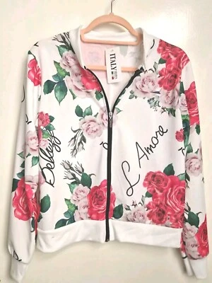 Italy Moda White Floral Bomber Jacket Size ONE Pink Red Roses Summer Zipped Top - Image 1 of 4