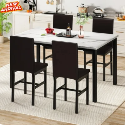 Juego de Comedor 4 Sillas y Mesa Moderna Marble Wood Top Kitchen Table White NEW - Image 1 of 4