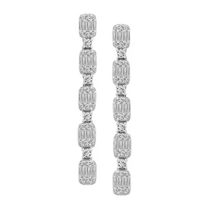 Natural Diamond Linear Earrings 1.00ct Round Baguette 14k White Gold - Picture 1 of 1