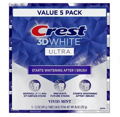 Crest 3D White Ultra Whitening Toothpaste Vivid Mint 5 Pack 5.2 oz tubes NEW - Image 1 of 4