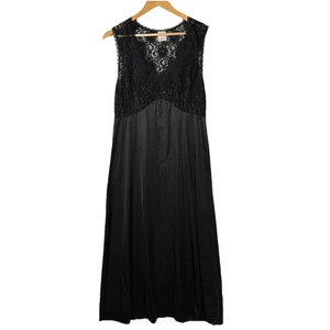 Vtg Maxi Slip Dress Babydoll Black Nylon Lace Whimsigoth Fairy Grunge 90s USA L - Picture 1 of 15