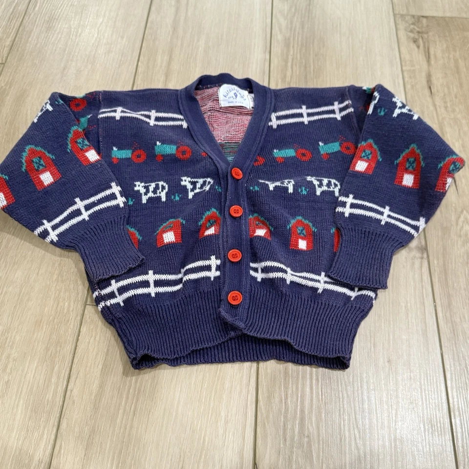 Kitestrings Cardigan Sweater Boys 5/6 Farm Scene Cows Tractor USA Made VTG - Image 1 of 4