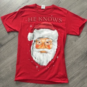 Weihnachtsmann T-Shirt Santa's Face HE KNOWS Baumwolle rot kurz slv Weihnachten Tee S - Bild 1 von 7