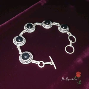 Decorative Bezel Set Black Onyx Link Bracelet 8" Long 925 Sterling Silver 4653 - Picture 1 of 12
