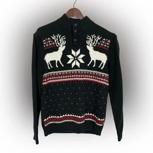 Chaps Sweater Men’s M Black Elk Reindeer Snowflake Fair Isle Nordic 1/4 Button - Picture 1 of 9