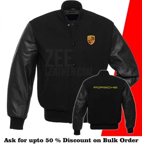 Zee Porsche Vintage Style Black Leather Wool Letterman Bomber Varsity Jacket - Picture 1 of 4