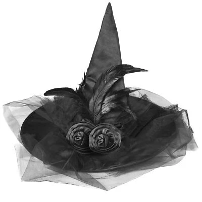 Sombrero de bruja de Halloween para mujer - Sombrero de bruja negro con plumas y encaje negro... Foto 1 de 4